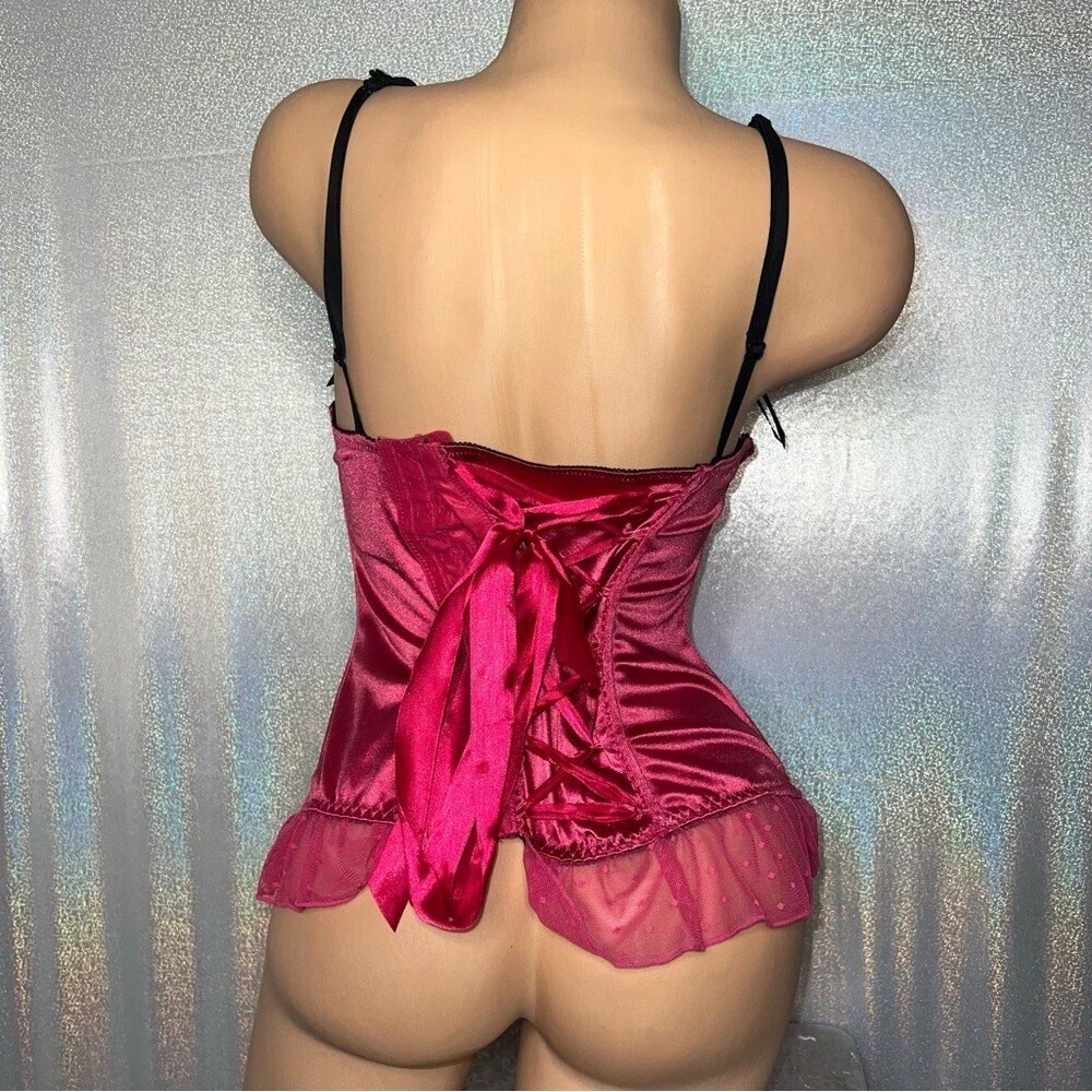 icollection corset top pink black shiny satin bows lace up sexy lingerie costume
